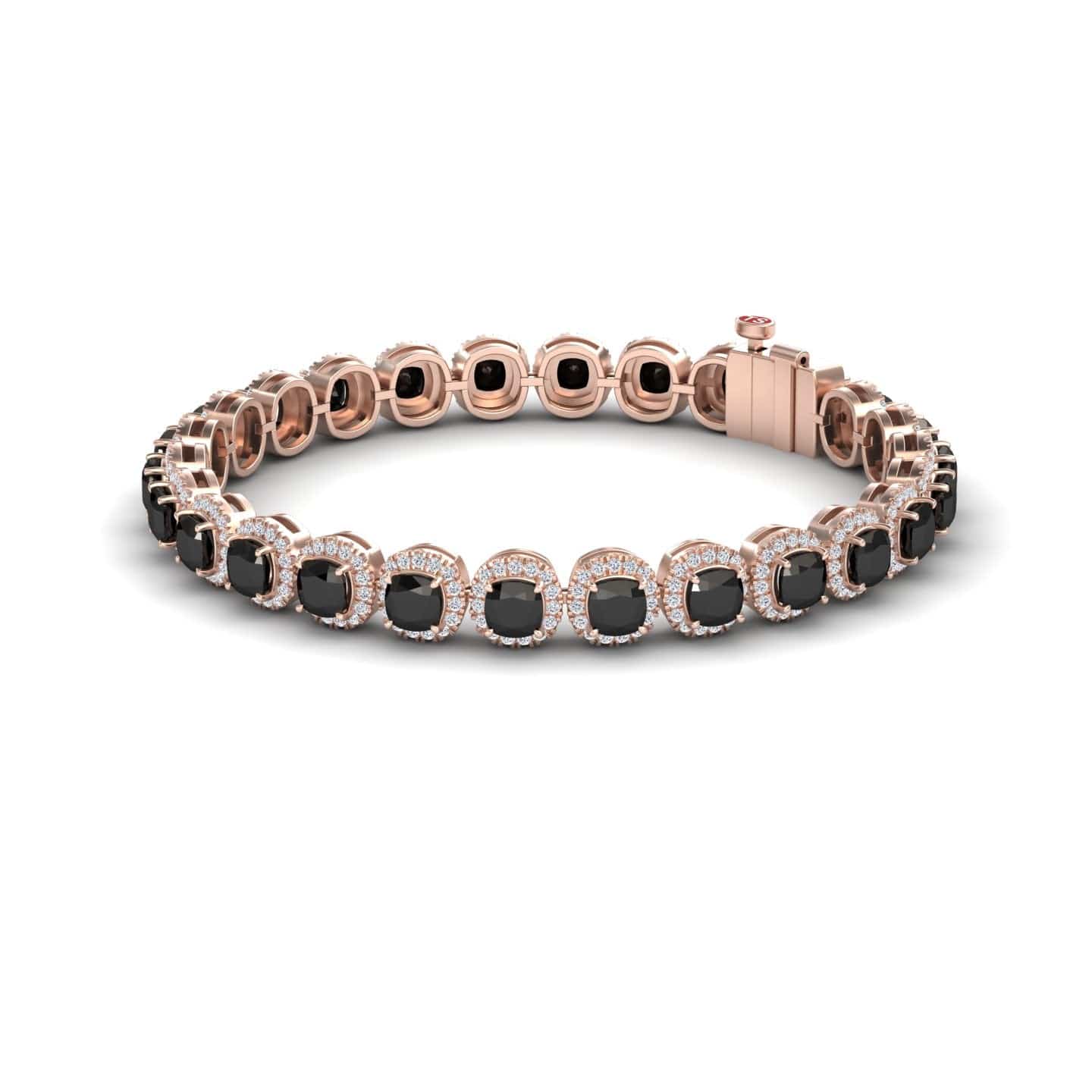 The Black & White Diamond Halo Tennis Bracelet - Isabella features round black stones each encircled by white diamond halos, all set in rose gold with a sleek clasp.