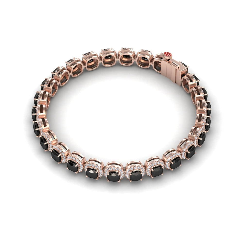 The Black & White Diamond Halo Tennis Bracelet - Isabella features alternating black and white diamonds in round settings, elegantly displayed in a circular arrangement on a white background.