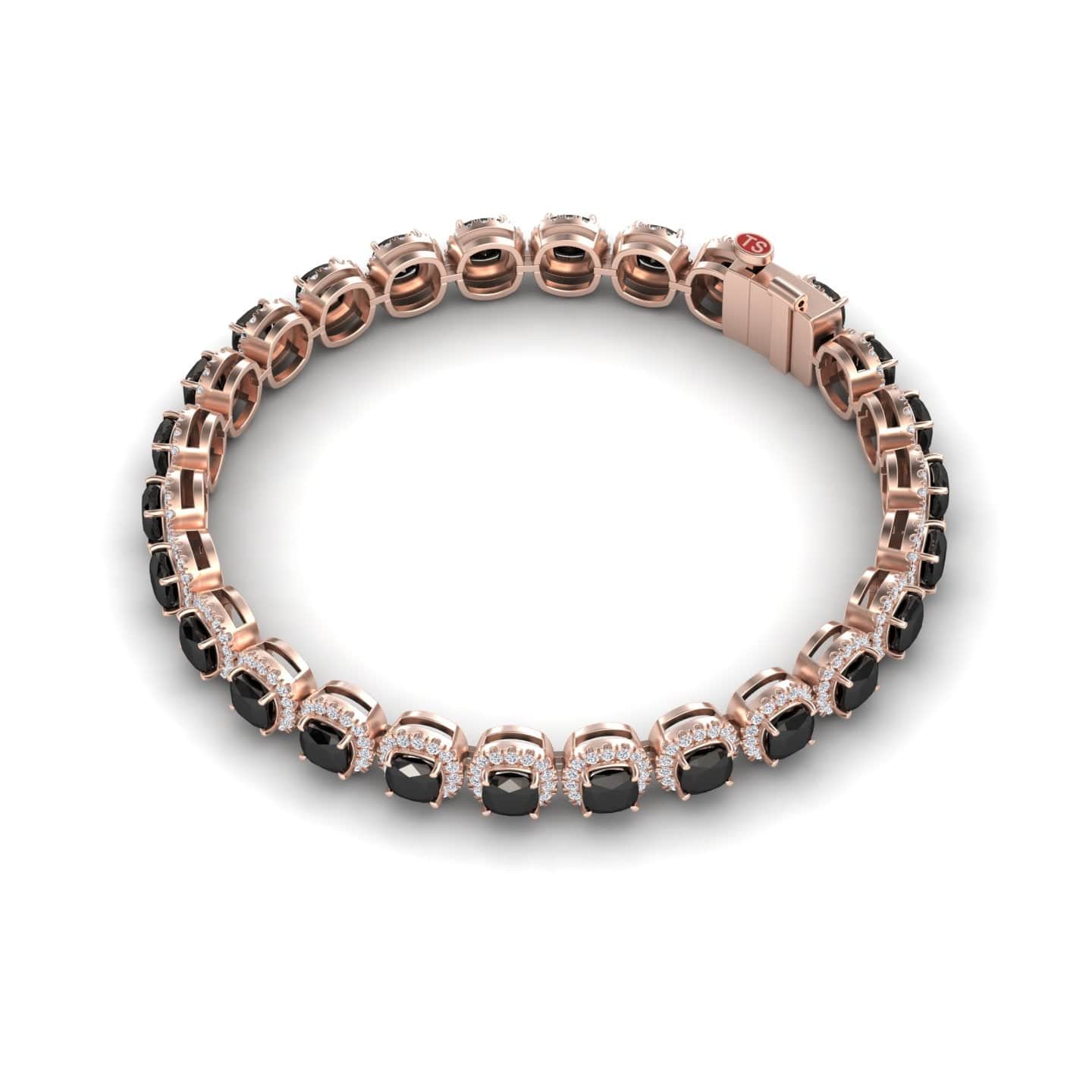 The Black & White Diamond Halo Tennis Bracelet - Isabella features alternating black and white diamonds in round settings, elegantly displayed in a circular arrangement on a white background.