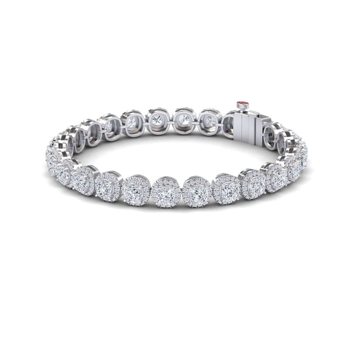 The Lab Grown Diamond Halo Tennis Bracelet - Isabella features round diamonds set in a white metal, arranged in a circular shape with a secure clasp for sparkling elegance.