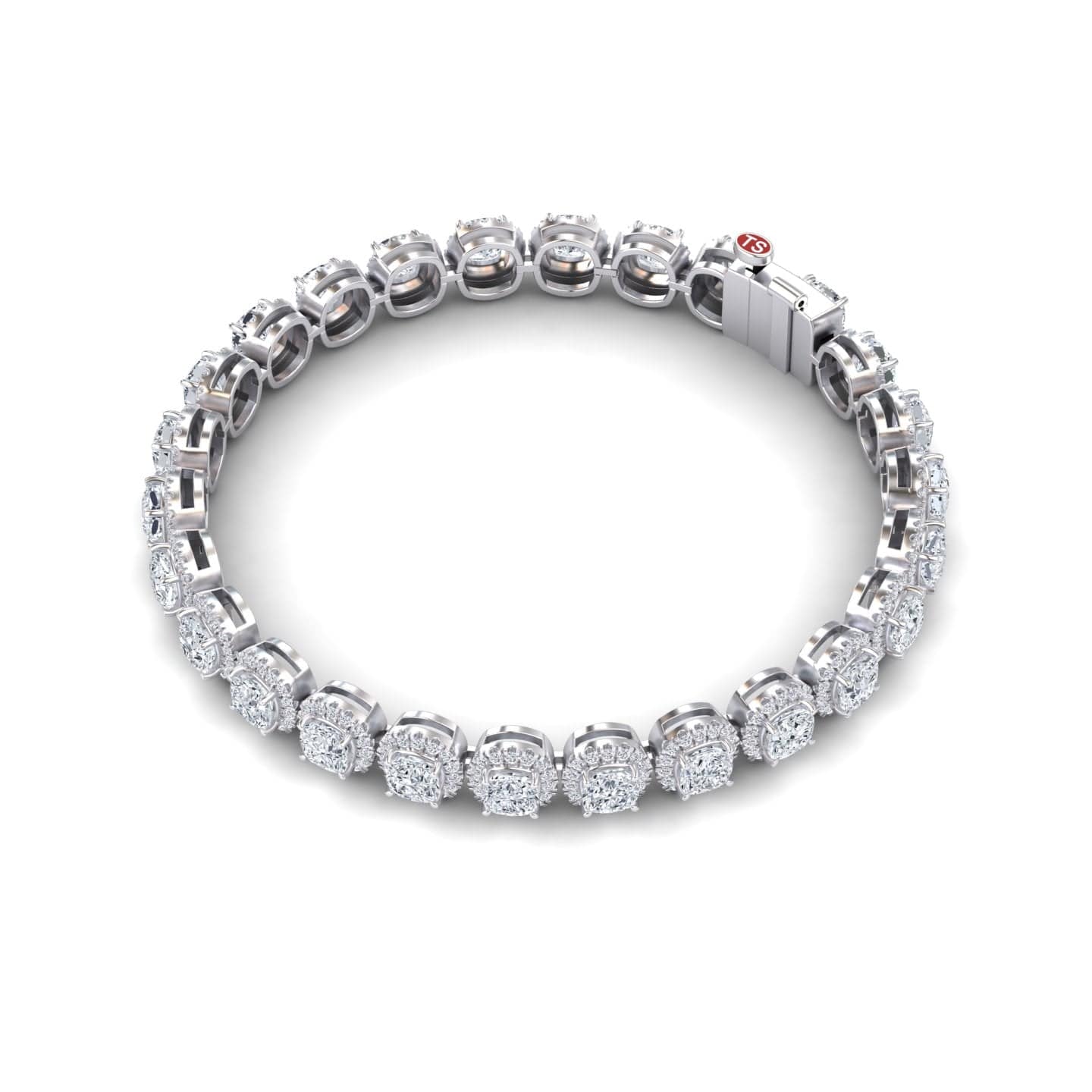 The Lab Grown Diamond Halo Tennis Bracelet - Isabella features round, cluster-set diamonds in individual white gold links, displayed in a circular shape on a white background.