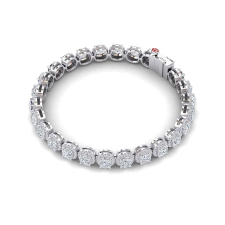 The Lab Grown Diamond Halo Tennis Bracelet - Isabella features round, cluster-set diamonds in individual white gold links, displayed in a circular shape on a white background.