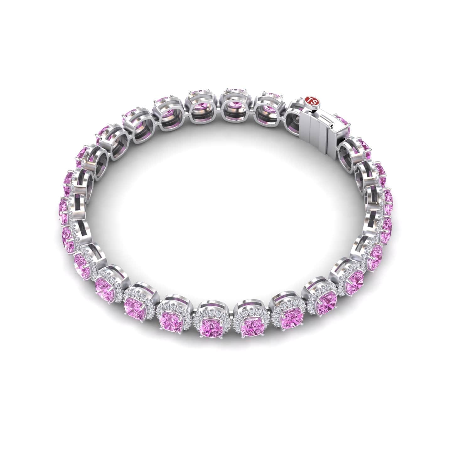 The Isabella Lab Pink Sapphire & Diamond Halo Tennis Bracelet features round pink sapphires with diamond halos set in silver, arranged continuously with a secure clasp closure.