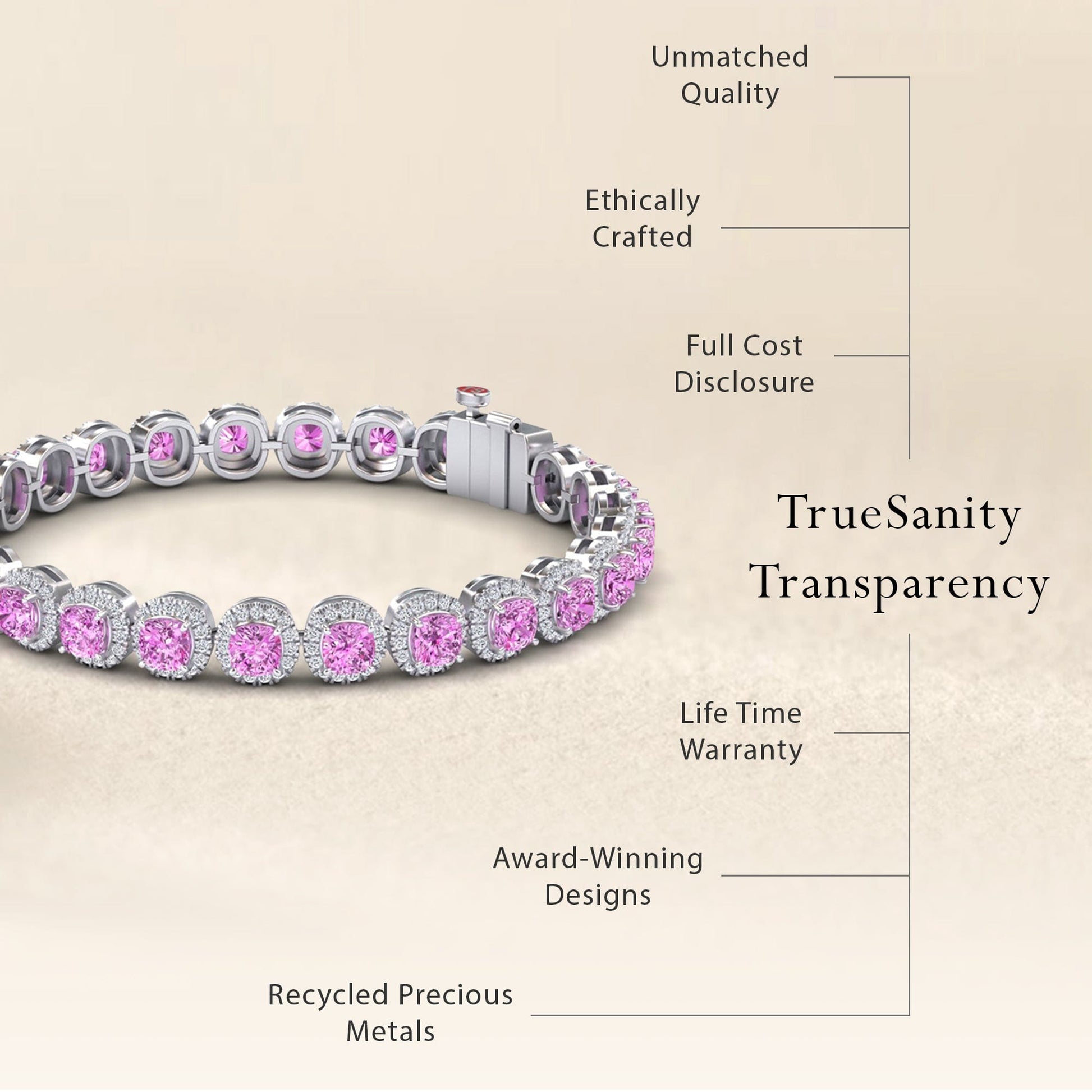 The Lab Pink Sapphire & Diamond Halo Tennis Bracelet - Isabella is shown in silver with pink gemstones. Features listed: Unmatched Quality, Ethically Crafted, Full Cost Disclosure, Lifetime Warranty, Award-Winning Designs, Recycled Metals.