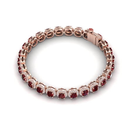 The Lab Grown Ruby & Diamond Halo Tennis Bracelet - Isabella features alternating round rubies and white diamonds in rose gold, set in a continuous loop with a box clasp, displayed on a white background.