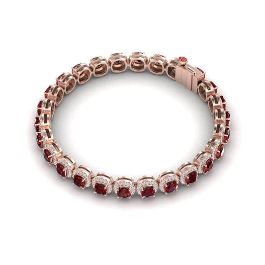 The Lab Grown Ruby & Diamond Halo Tennis Bracelet - Isabella features alternating round rubies and white diamonds in rose gold, set in a continuous loop with a box clasp, displayed on a white background.