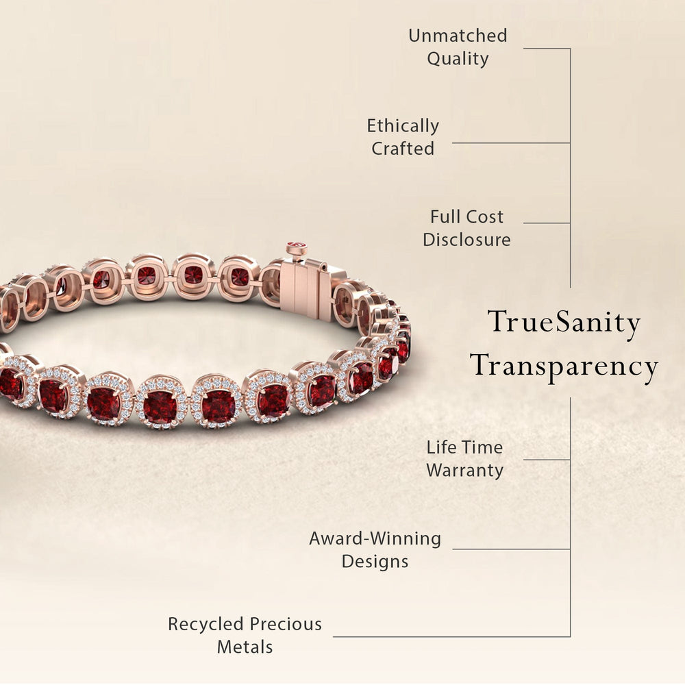 The Lab Grown Ruby & Diamond Halo Tennis Bracelet - Isabella features vivid rubies and diamonds. It offers unmatched quality, ethical crafting, full cost transparency, recycled metals, award-winning design, and a lifetime warranty.