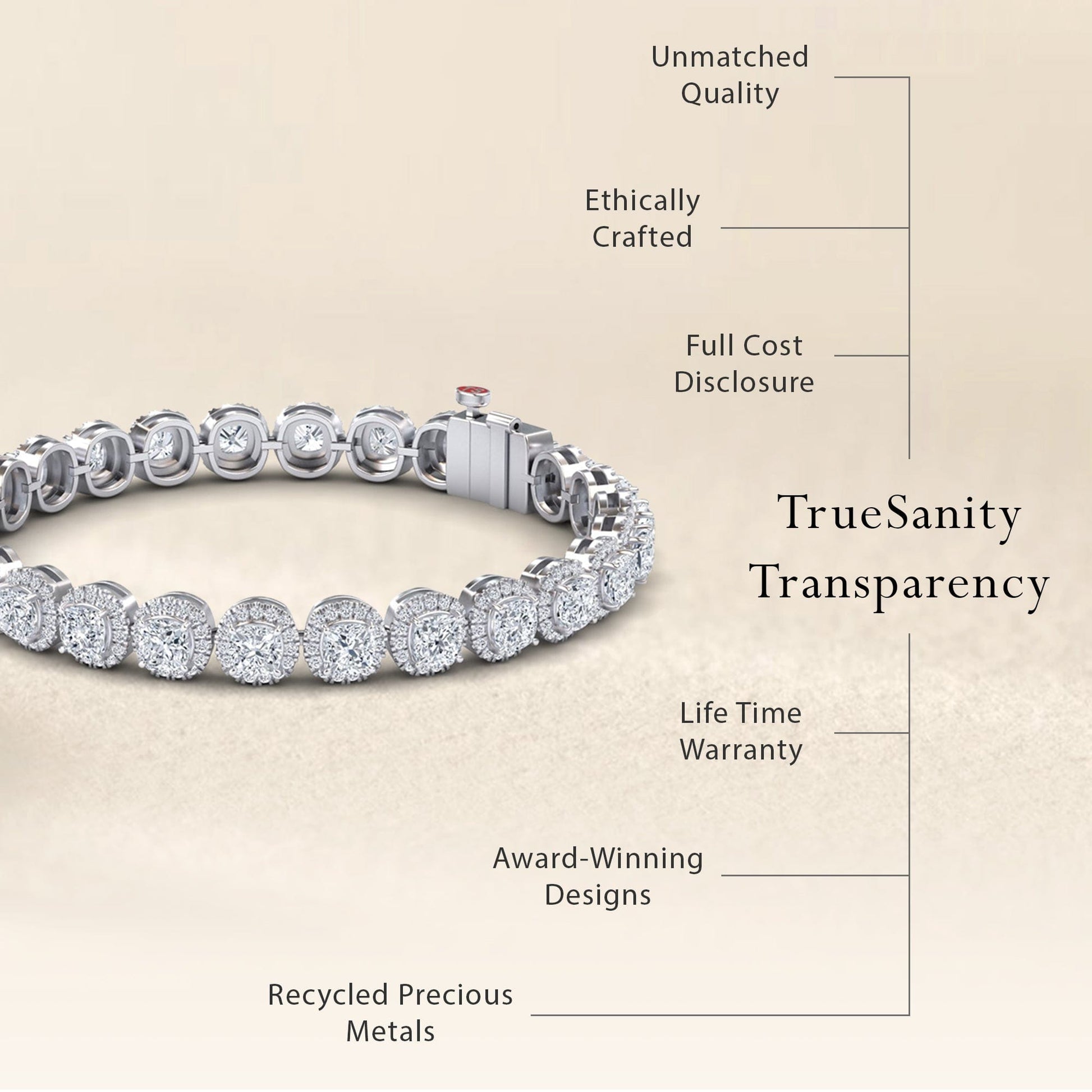 The Lab Grown Diamond Halo Tennis Bracelet - Isabella, shown on a beige background, features ethical crafting, recycled metals, unmatched quality, full cost transparency, a lifetime warranty, and an award-winning design.