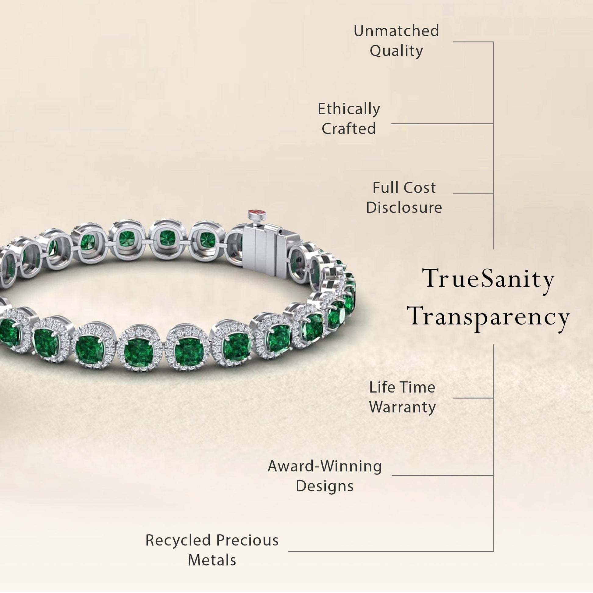 The Lab Grown Emerald & Diamond Halo Tennis Bracelet - Isabella is shown with labels: unmatched quality, ethical crafting, transparent pricing, lifetime warranty, award-winning design, and recycled metals. Text reads “TrueSanity Transparency.”.