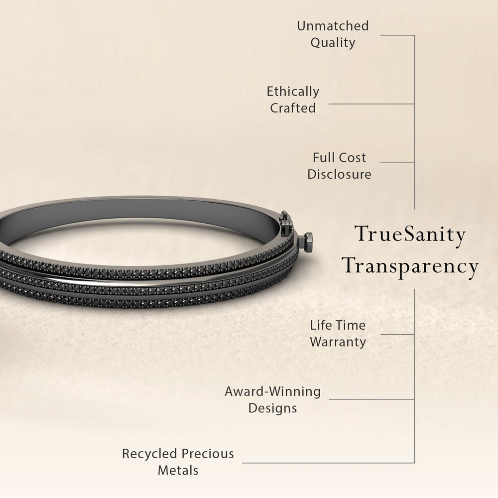 The Bold Black Bangle: Unconventional Elegance - Amalia is shown with two rows of small stones, highlighting unmatched quality, ethical crafting, full cost disclosure, lifetime warranty, award-winning design, and recycled precious metals.