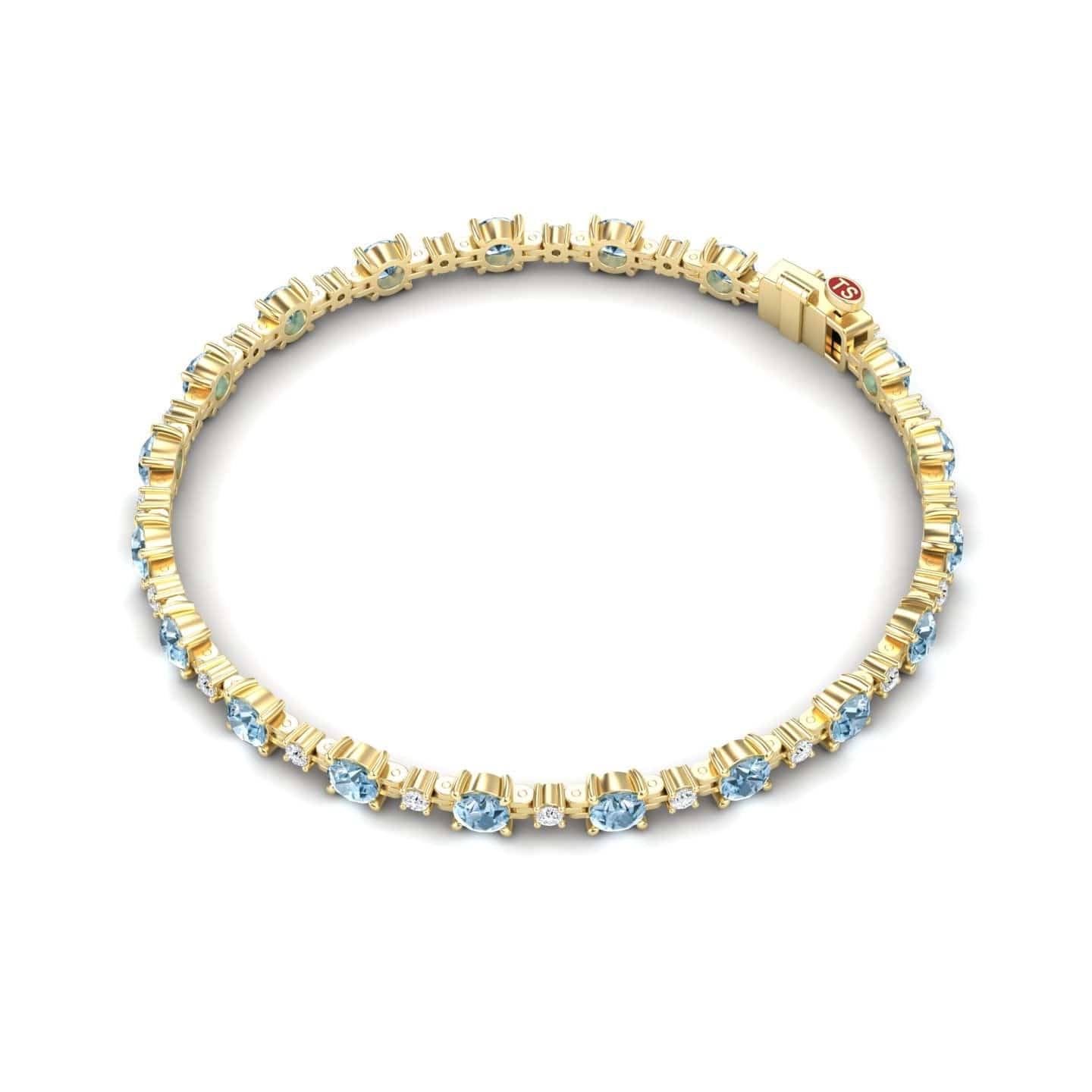 The Aquamarine & Diamond Tennis Bracelet - Natalia features evenly spaced round aquamarine gemstones set in prongs, accented with diamonds, and secured with a clasp.