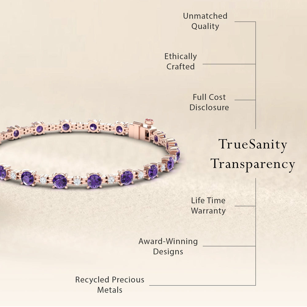 The Amethyst & Diamond Tennis Bracelet - Natalia features purple gemstones, unmatched quality, ethical craftsmanship, full cost disclosure, a lifetime warranty, award-winning designs, and recycled metals. TrueSanity Transparency.