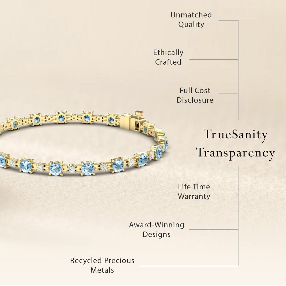 The Aquamarine & Diamond Tennis Bracelet - Natalia is shown on a beige background, featuring unmatched quality, ethical craftsmanship, full cost transparency, a lifetime warranty, award-winning design, and recycled metals.