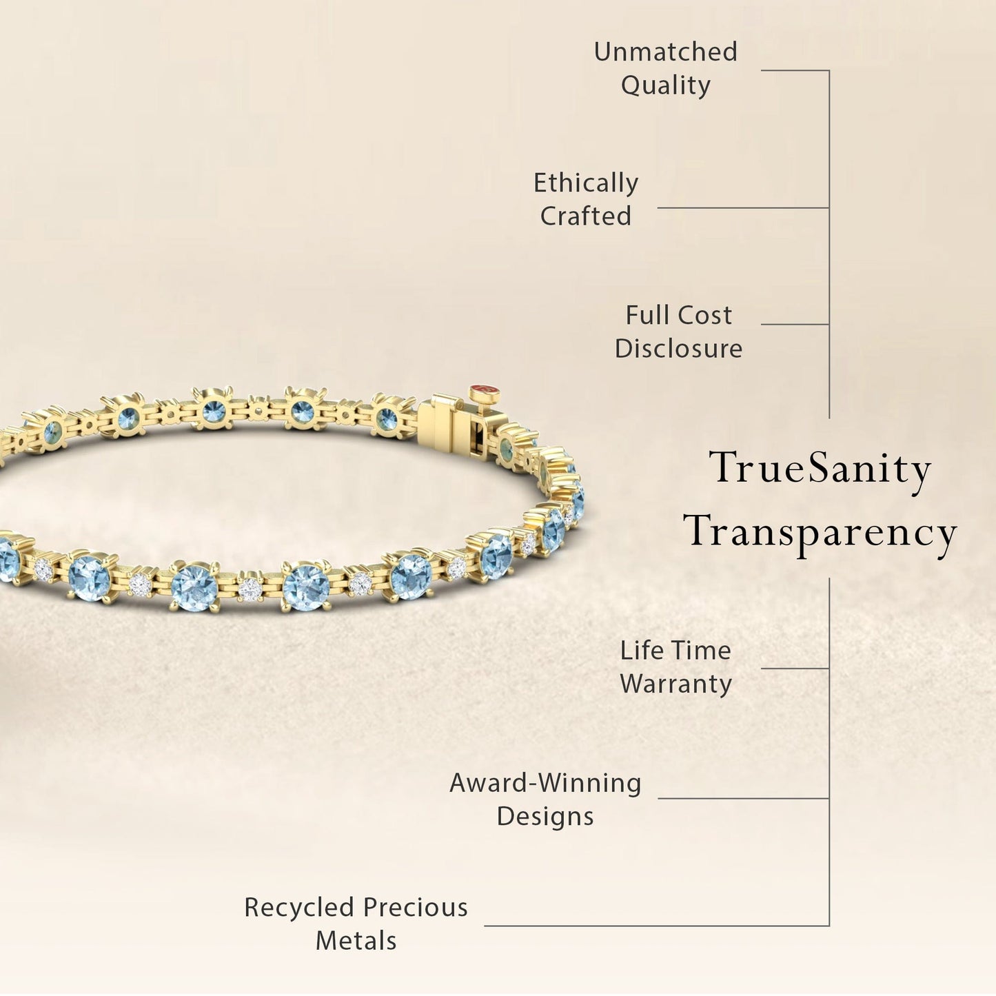 The Aquamarine & Diamond Tennis Bracelet - Natalia is shown on a beige background, featuring unmatched quality, ethical craftsmanship, full cost transparency, a lifetime warranty, award-winning design, and recycled metals.