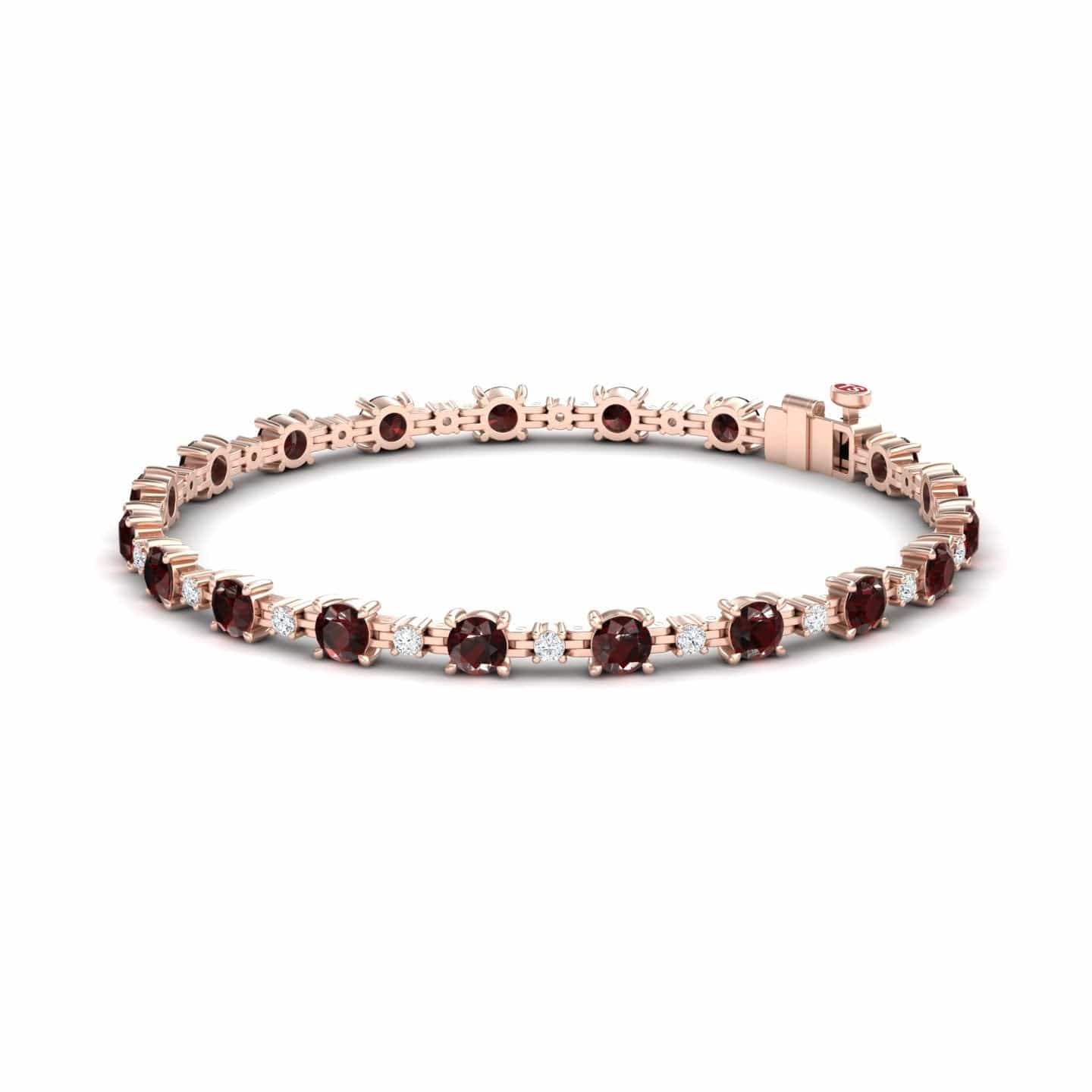 The Garnet & Diamond Tennis Bracelet - Natalia features round, deep red garnets set in a single row with prong settings and a secure clasp in rose gold.