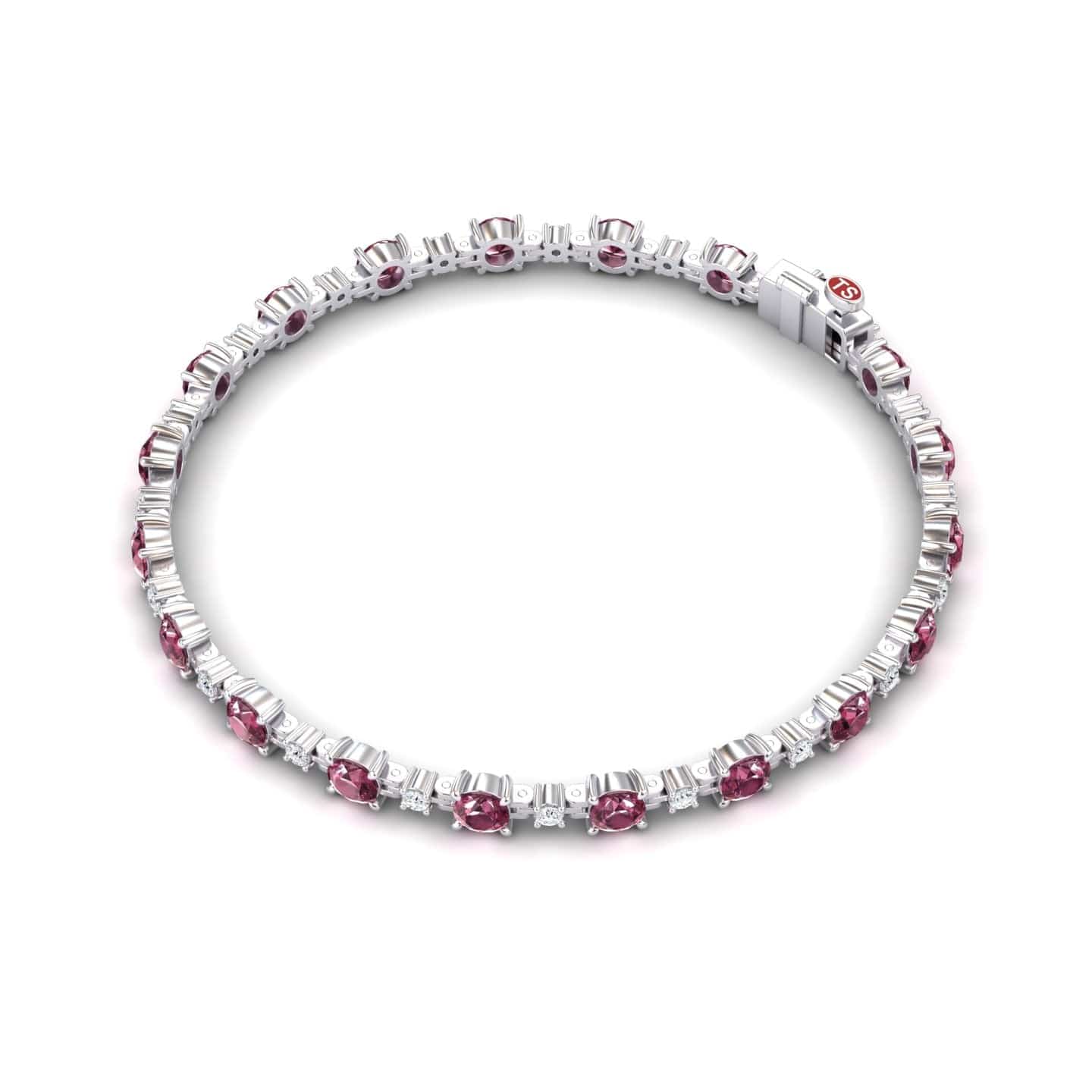 The Pink Tourmaline & Diamond Tennis Bracelet - Natalia showcases alternating round pink tourmalines and clear baguette-cut diamonds in a continuous, elegant circle with a secure clasp.