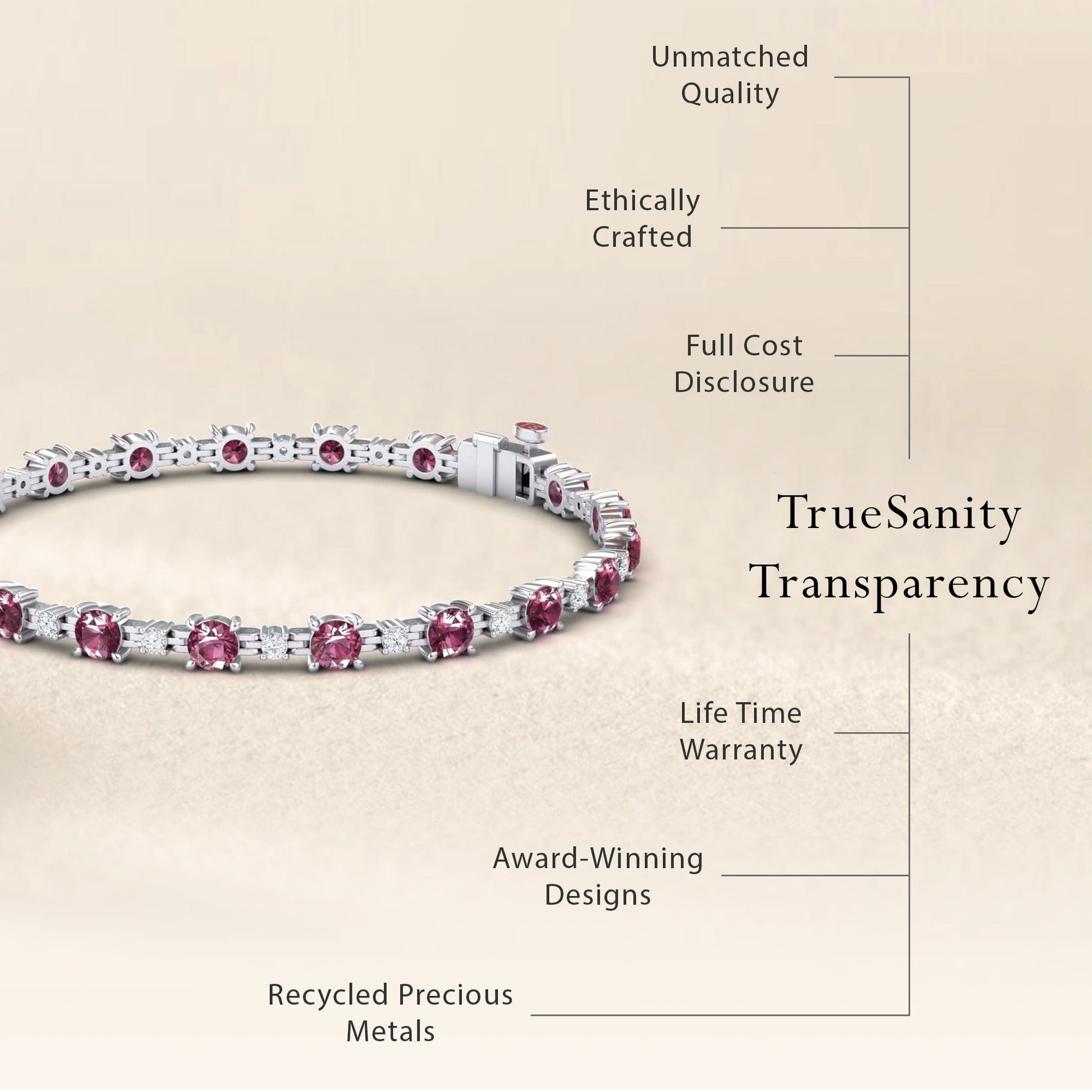 The Pink Tourmaline & Diamond Tennis Bracelet - Natalia is displayed on a beige background. Features include unmatched quality, ethical crafting, full cost transparency, lifetime warranty, award-winning design, and recycled precious metals.