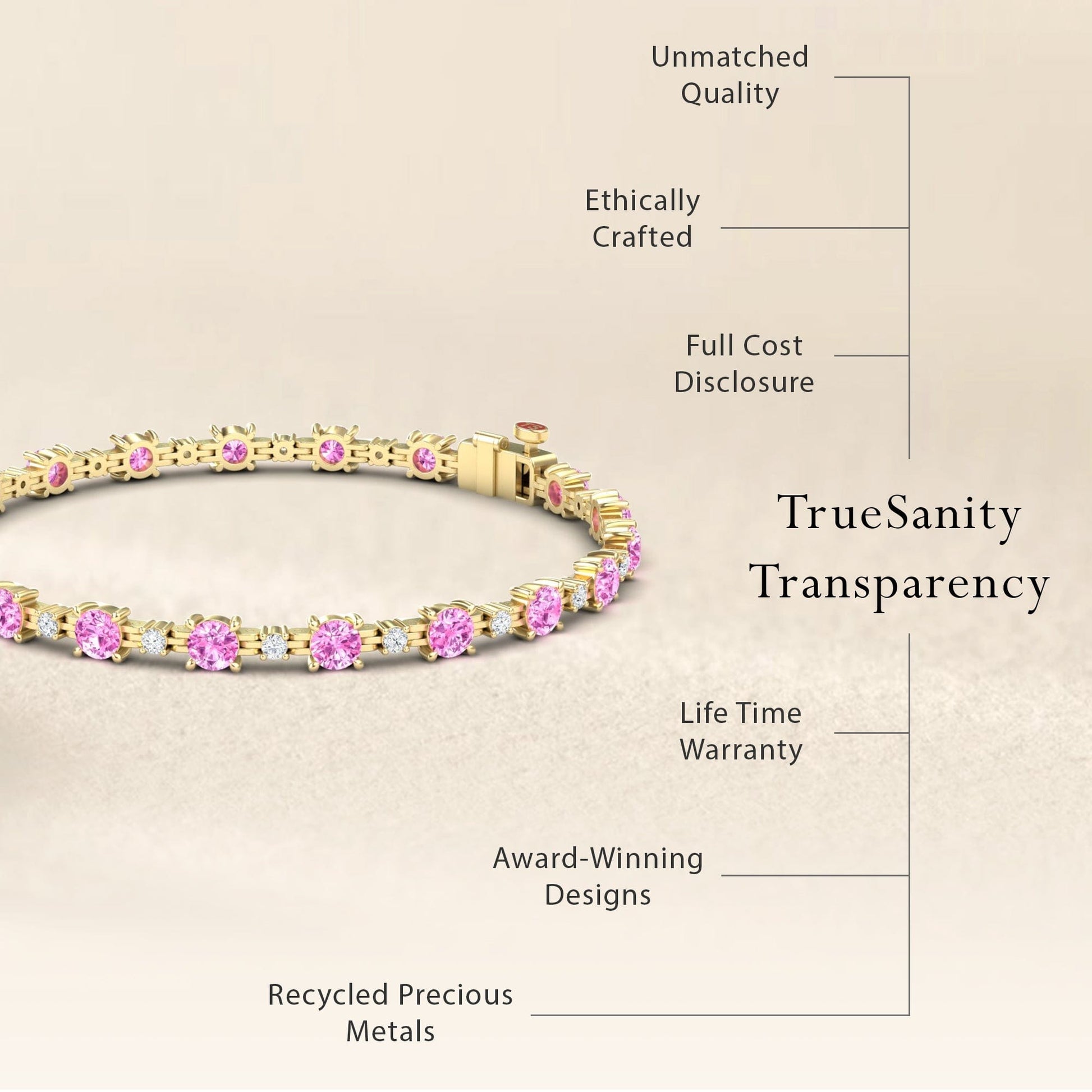 The Pink Sapphire & Diamond Tennis Bracelet - Natalia is displayed, with labels noting its unmatched quality, ethical crafting, transparent pricing, lifetime warranty, award-winning design, and use of recycled precious metals.
