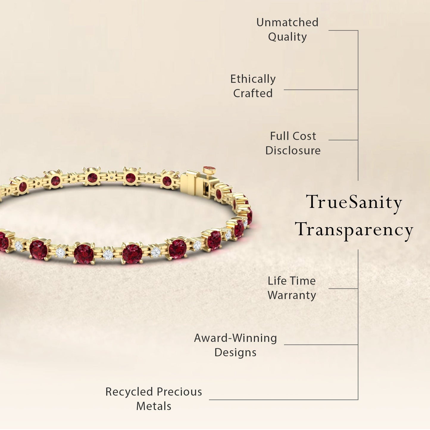 The Ruby & Diamond Tennis Bracelet - Natalia is displayed, featuring unmatched quality, ethical craftsmanship, full cost transparency, a lifetime warranty, award-winning design, and recycled precious metals. “TrueSanity Transparency” is emphasized.