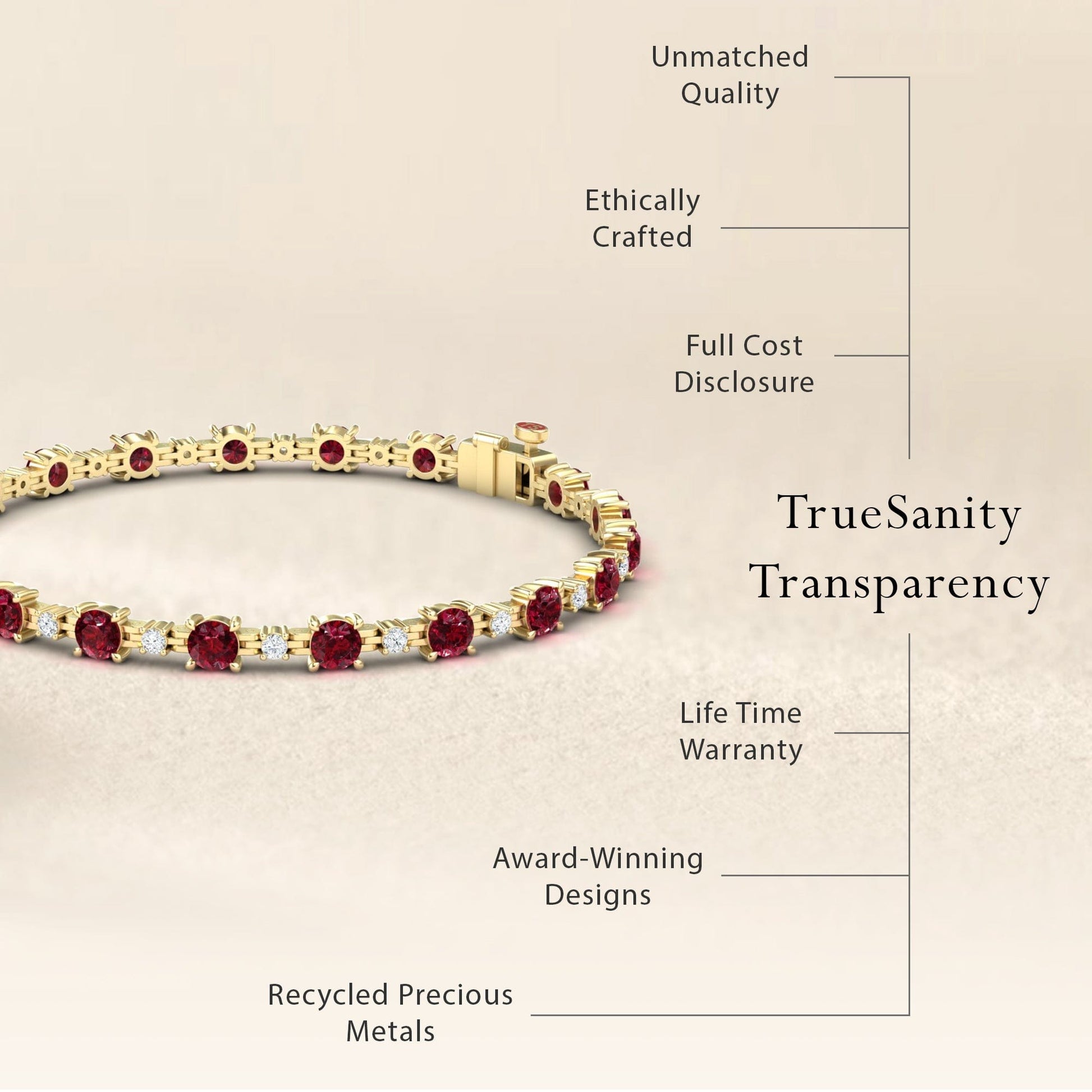 The Ruby & Diamond Tennis Bracelet - Natalia is displayed, featuring unmatched quality, ethical craftsmanship, full cost transparency, a lifetime warranty, award-winning design, and recycled precious metals. “TrueSanity Transparency” is emphasized.