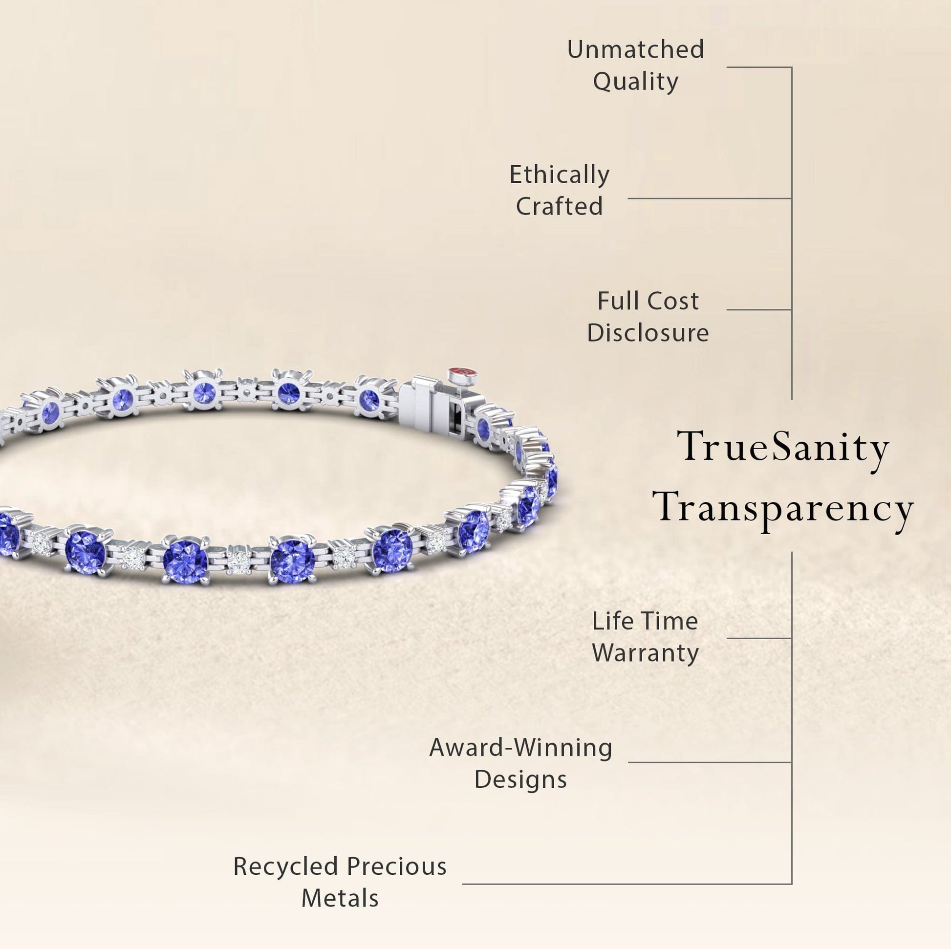 The Tanzanite & Diamond Tennis Bracelet - Natalia is shown, featuring unmatched quality, ethical craftsmanship, transparent pricing, a lifetime warranty, award-winning design, and recycled precious metals.