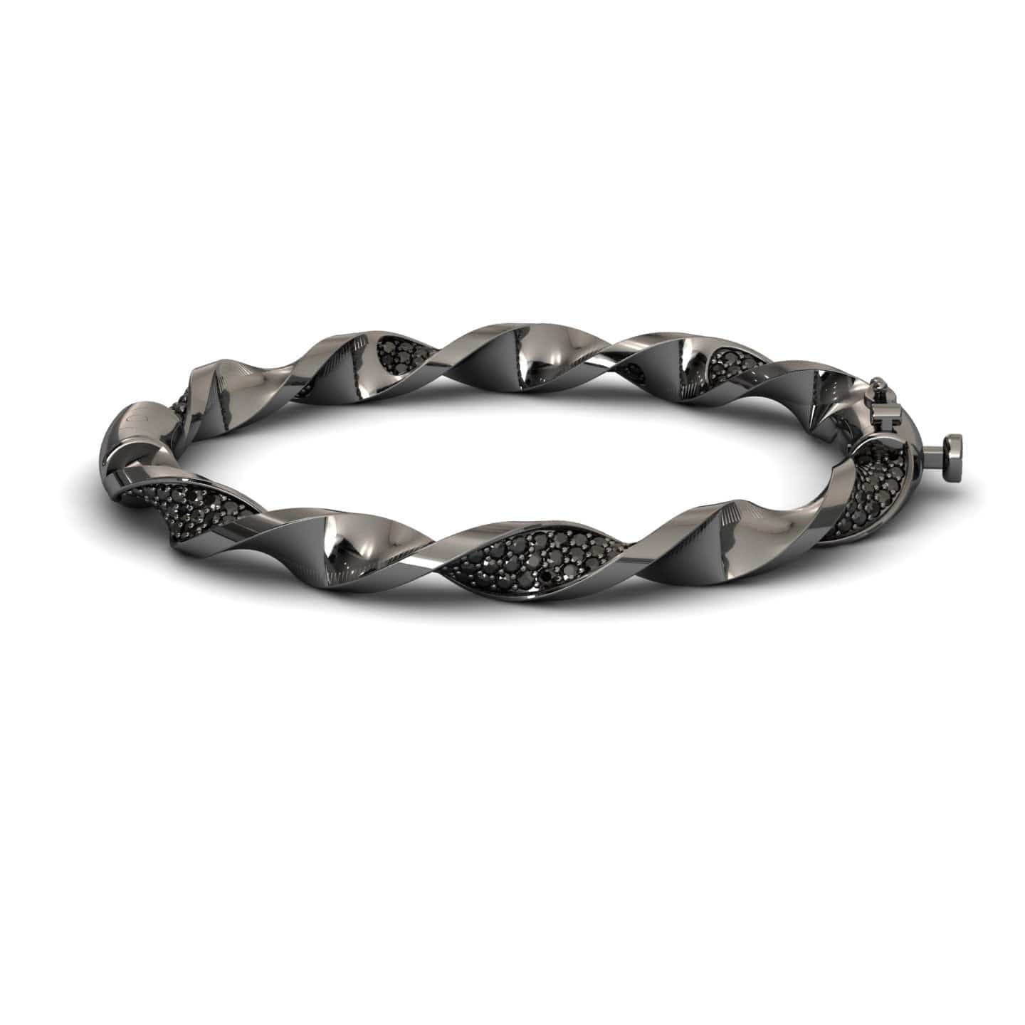 The Black Diamond Twisted Bangle Bracelet - Dakota features a sleek metallic design with embedded dark stones, a twisted motif, and a secure clasp for an elegant, modern look.