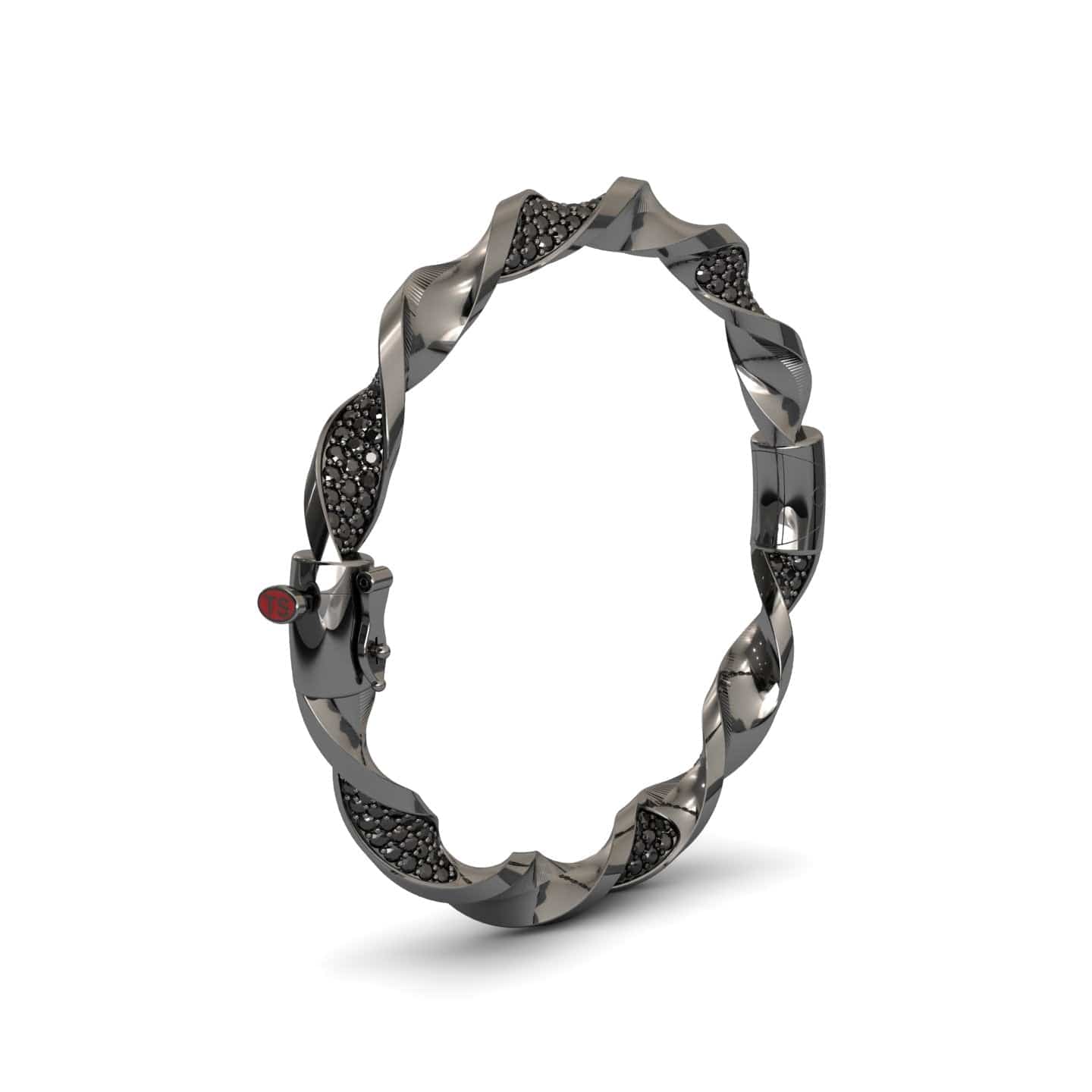 The Black Diamond Twisted Bangle Bracelet - Dakota features alternating smooth and textured metallic sections, dark shimmering stones, and a small red accent near the clasp, shown against a plain white background.