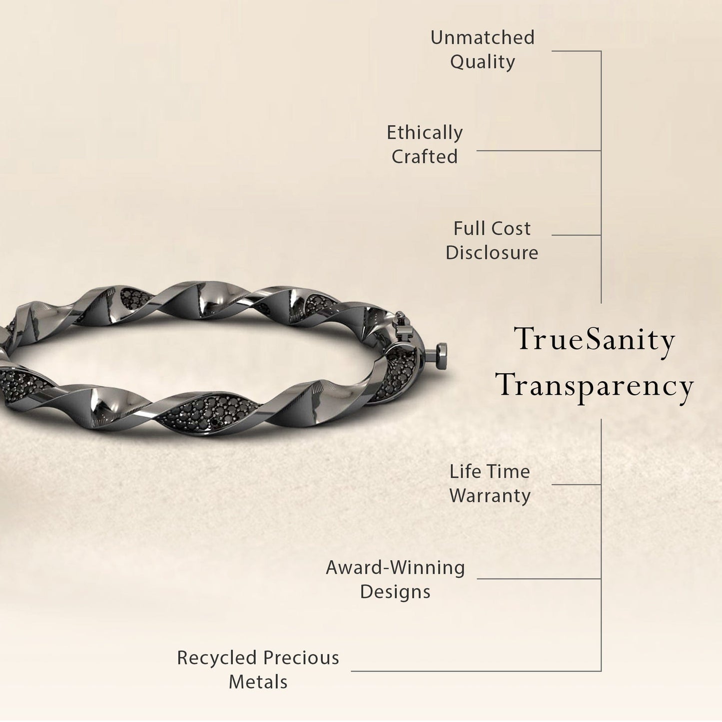 The Black Diamond Twisted Bangle Bracelet - Dakota is shown on a neutral background, showcasing unmatched quality, ethical craftsmanship, transparent pricing, lifetime warranty, award-winning design, and recycled precious metals.