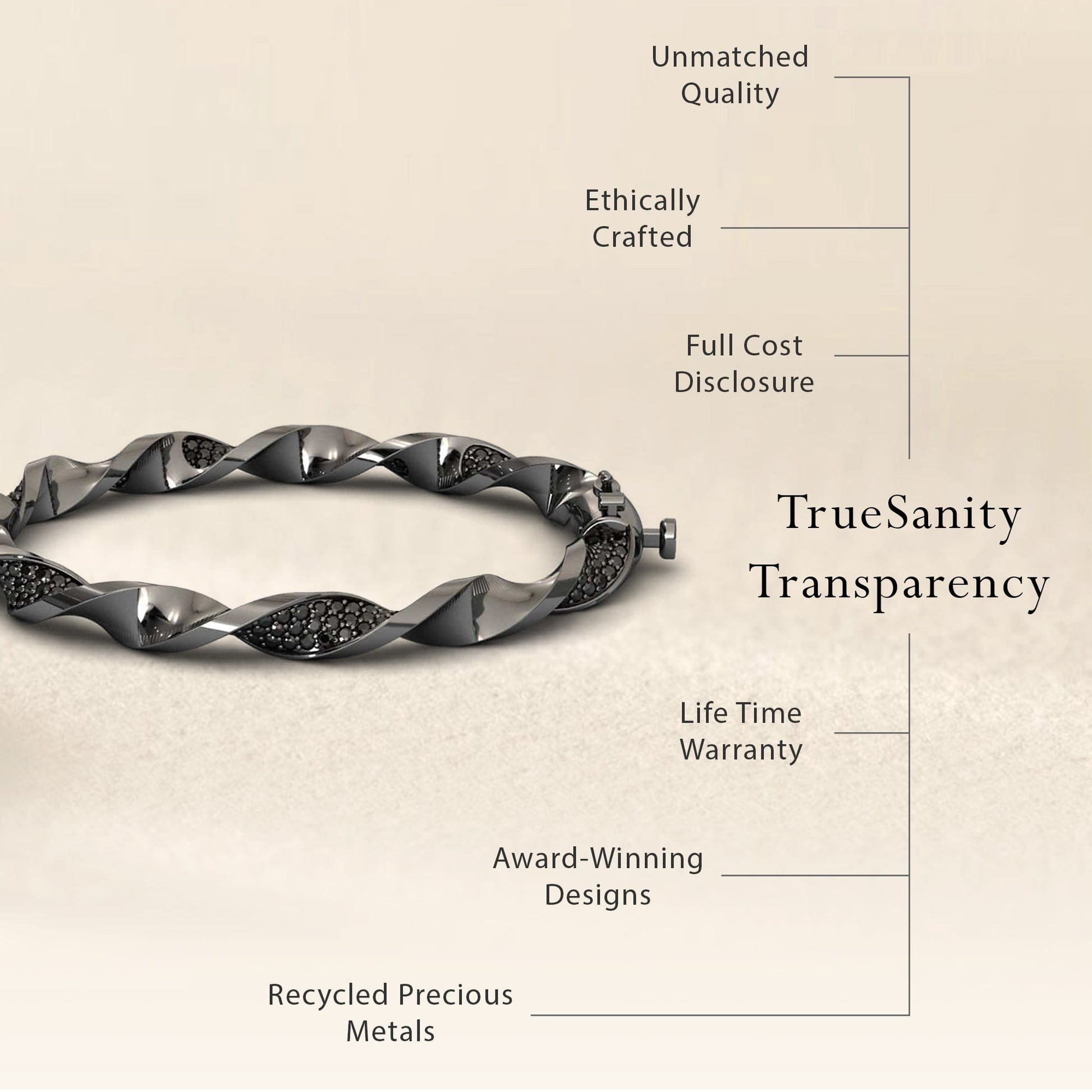 The Black Diamond Twisted Bangle Bracelet - Dakota is shown on a neutral background, showcasing unmatched quality, ethical craftsmanship, transparent pricing, lifetime warranty, award-winning design, and recycled precious metals.