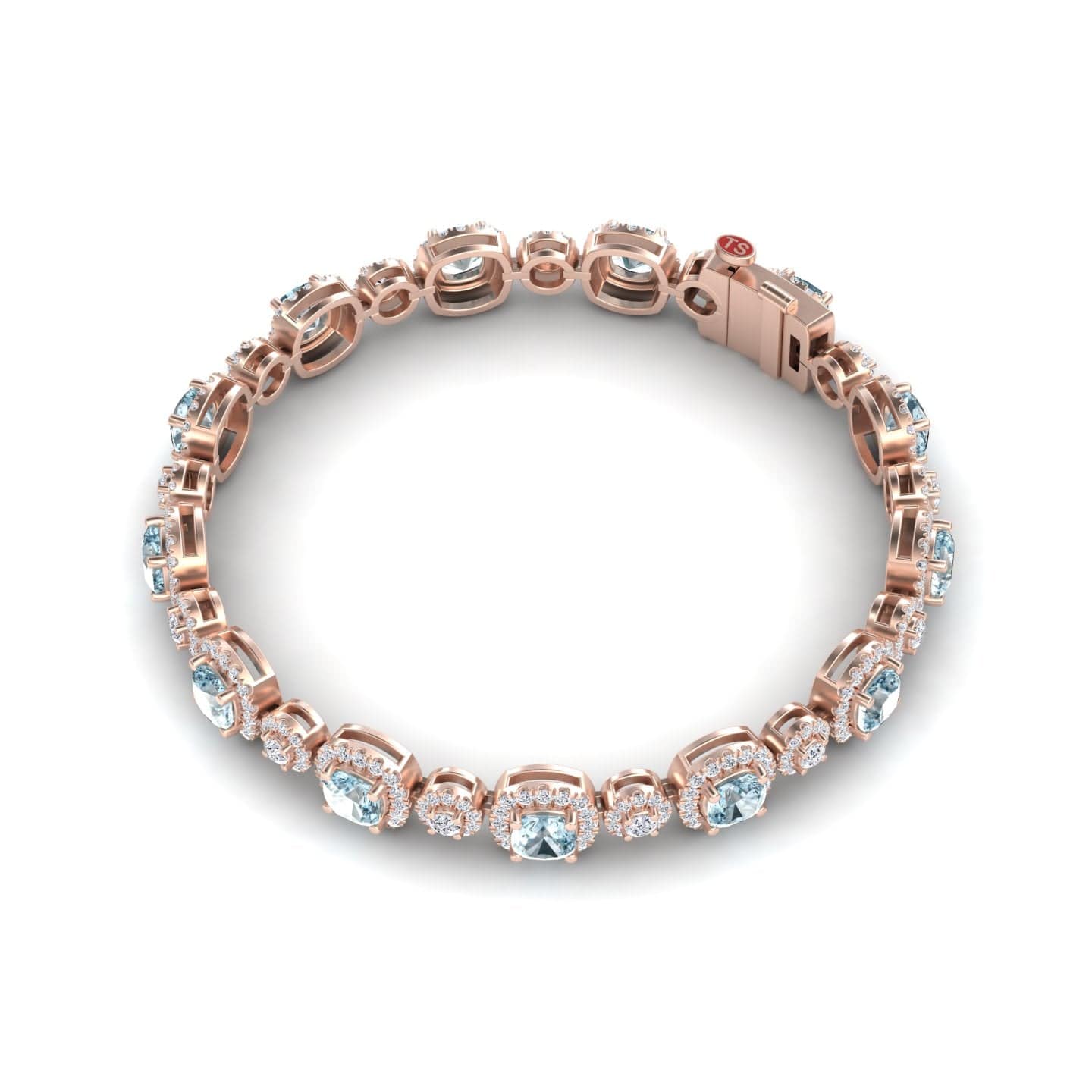 The Aquamarine & Diamond Tennis Bracelet - Erina showcases round aquamarines in individual links, each accented with sparkling diamonds, all displayed on a white background.