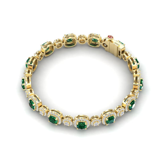 The Lab Grown Emerald & Diamond Tennis Bracelet - Erina features alternating round green emeralds and sparkling white diamonds, each set in gold links with a secure clasp.