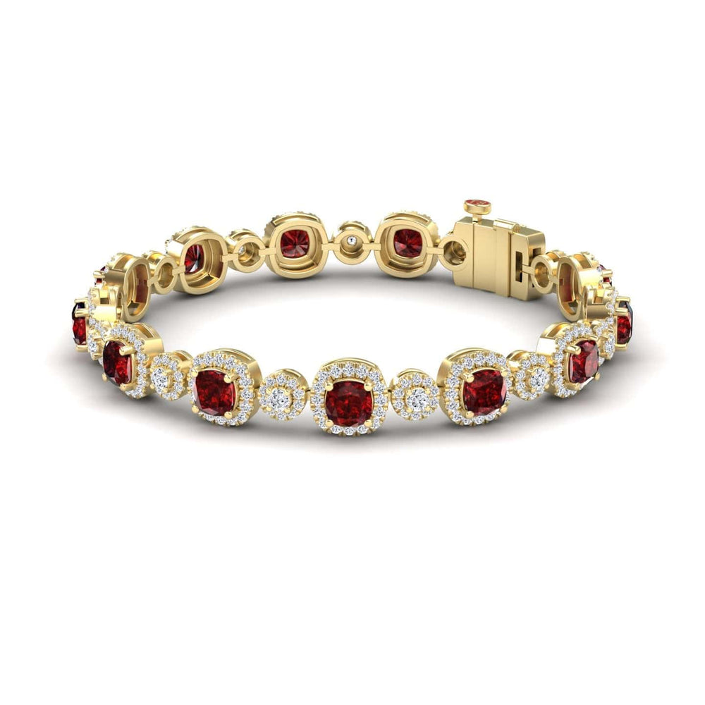 The Erina Lab Grown Ruby & Diamond Tennis Bracelet features alternating round and square settings with red rubies and clear diamonds in an elegant repeating pattern, secured with a clasp.
