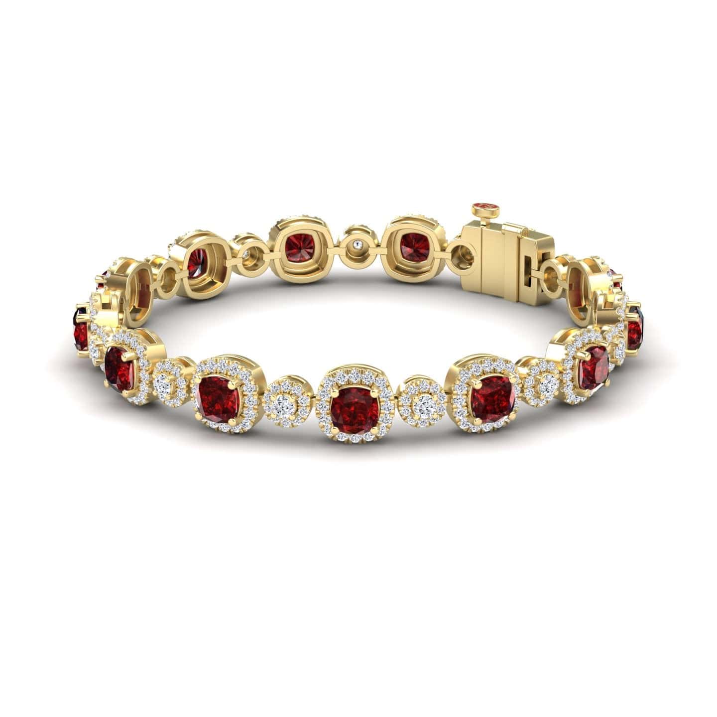 The Erina Lab Grown Ruby & Diamond Tennis Bracelet features alternating round and square settings with red rubies and clear diamonds in an elegant repeating pattern, secured with a clasp.
