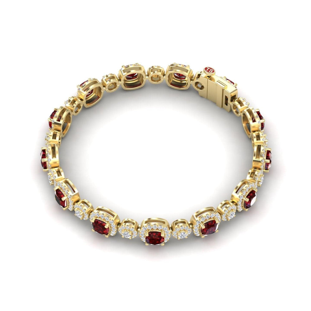 The Lab Grown Ruby & Diamond Tennis Bracelet - Erina features alternating round rubies and diamonds in gold, set in a continuous pattern with a secure clasp, shown on a white background.