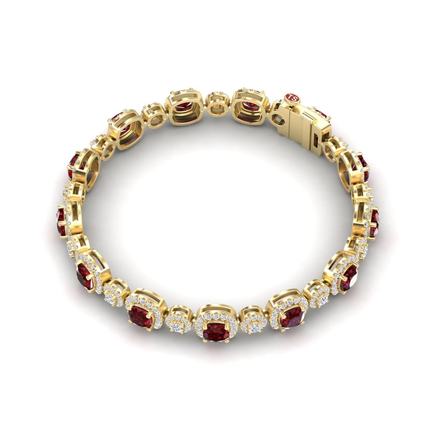 The Lab Grown Ruby & Diamond Tennis Bracelet - Erina features alternating round rubies and diamonds in gold, set in a continuous pattern with a secure clasp, shown on a white background.