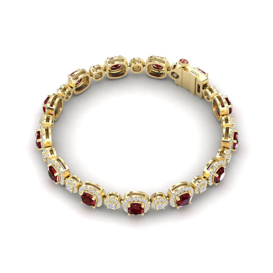 The Lab Grown Ruby & Diamond Tennis Bracelet - Erina features alternating round rubies and diamonds in gold, set in a continuous pattern with a secure clasp, shown on a white background.