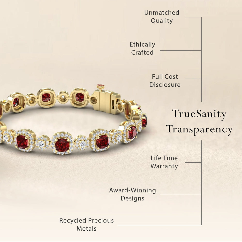 The Lab Grown Ruby & Diamond Tennis Bracelet - Erina features unmatched quality, ethical craftsmanship, full cost disclosure, a lifetime warranty, award-winning design, recycled precious metals, and emphasizes TrueSanity Transparency.