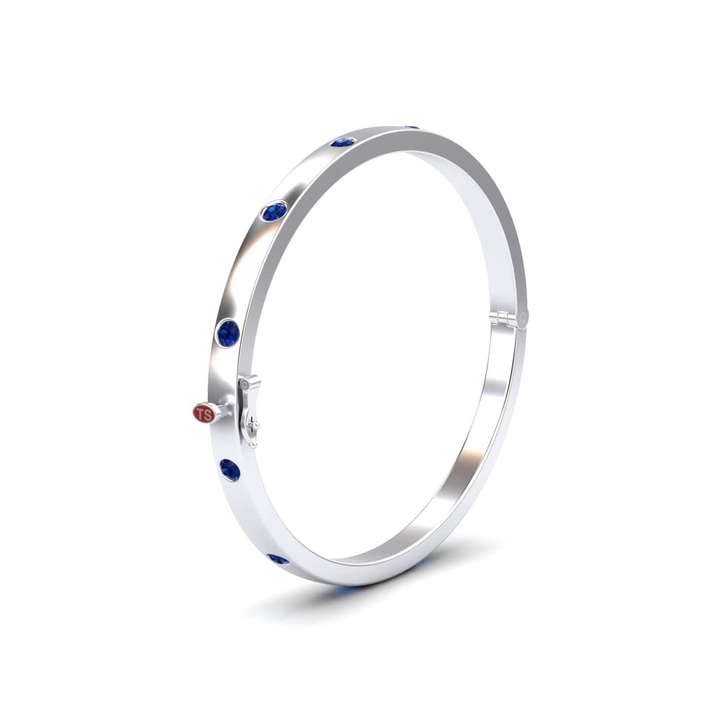 The Blue Sapphire Bezel-Set Bracelet - Flavia is a sleek silver bangle with evenly spaced round blue sapphires and a small red circular accent marked 15, shown against a plain white background.