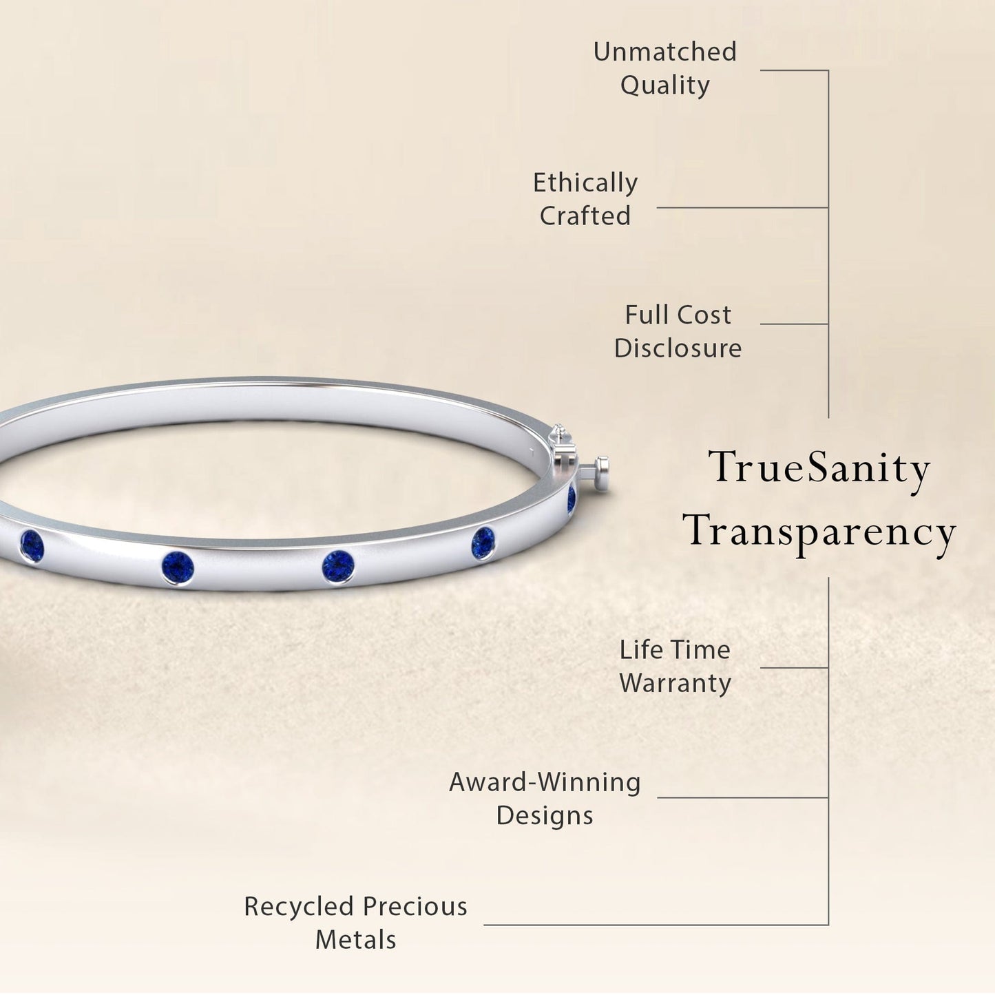The Blue Sapphire Bezel-Set Bracelet - Flavia is displayed, reflecting award-winning design, unmatched quality, ethical craftsmanship, recycled precious metals, full cost transparency, and a lifetime warranty.