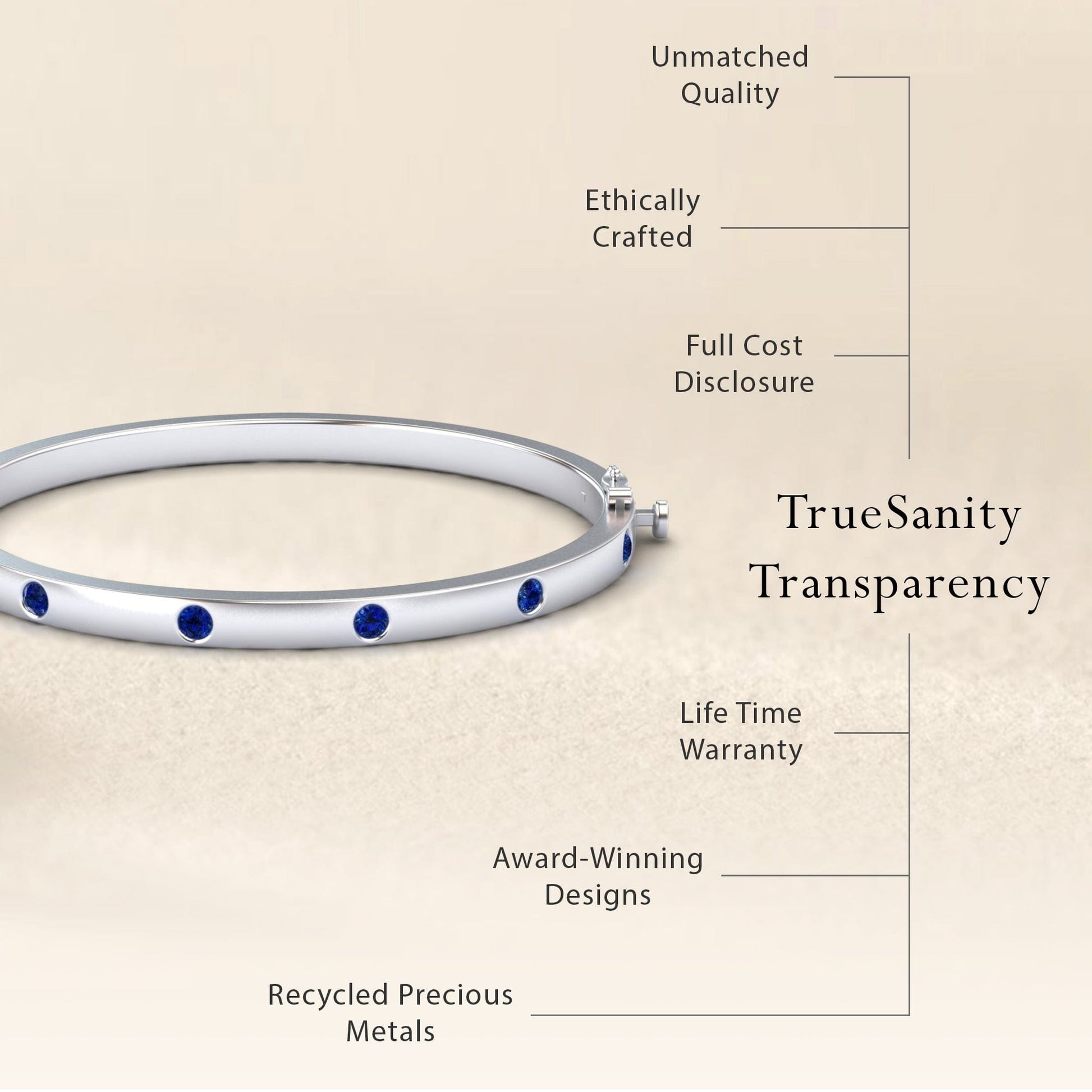 The Blue Sapphire Bezel-Set Bracelet - Flavia is displayed, reflecting award-winning design, unmatched quality, ethical craftsmanship, recycled precious metals, full cost transparency, and a lifetime warranty.