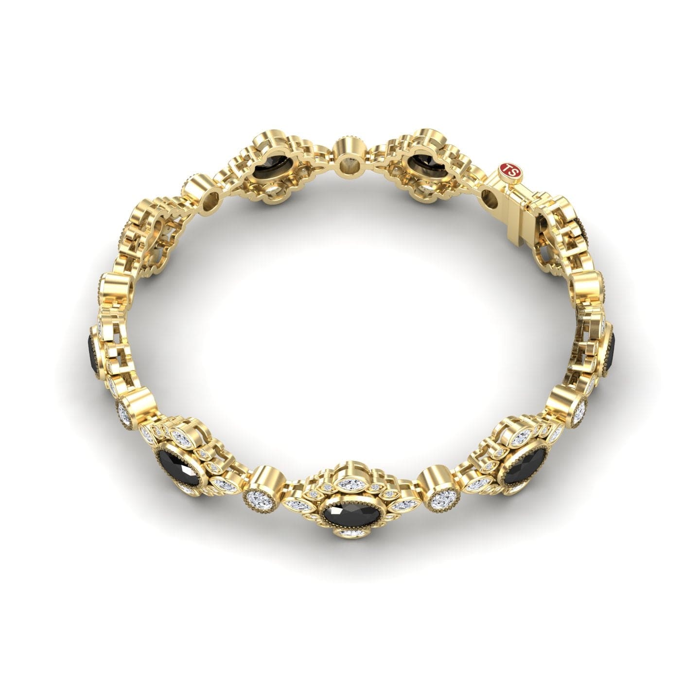 The Ariana Black & White Diamond Vintage-Inspired Tennis Bracelet features alternating oval black stones and round clear gems set in ornate gold links, offering a luxurious, vintage-inspired look.