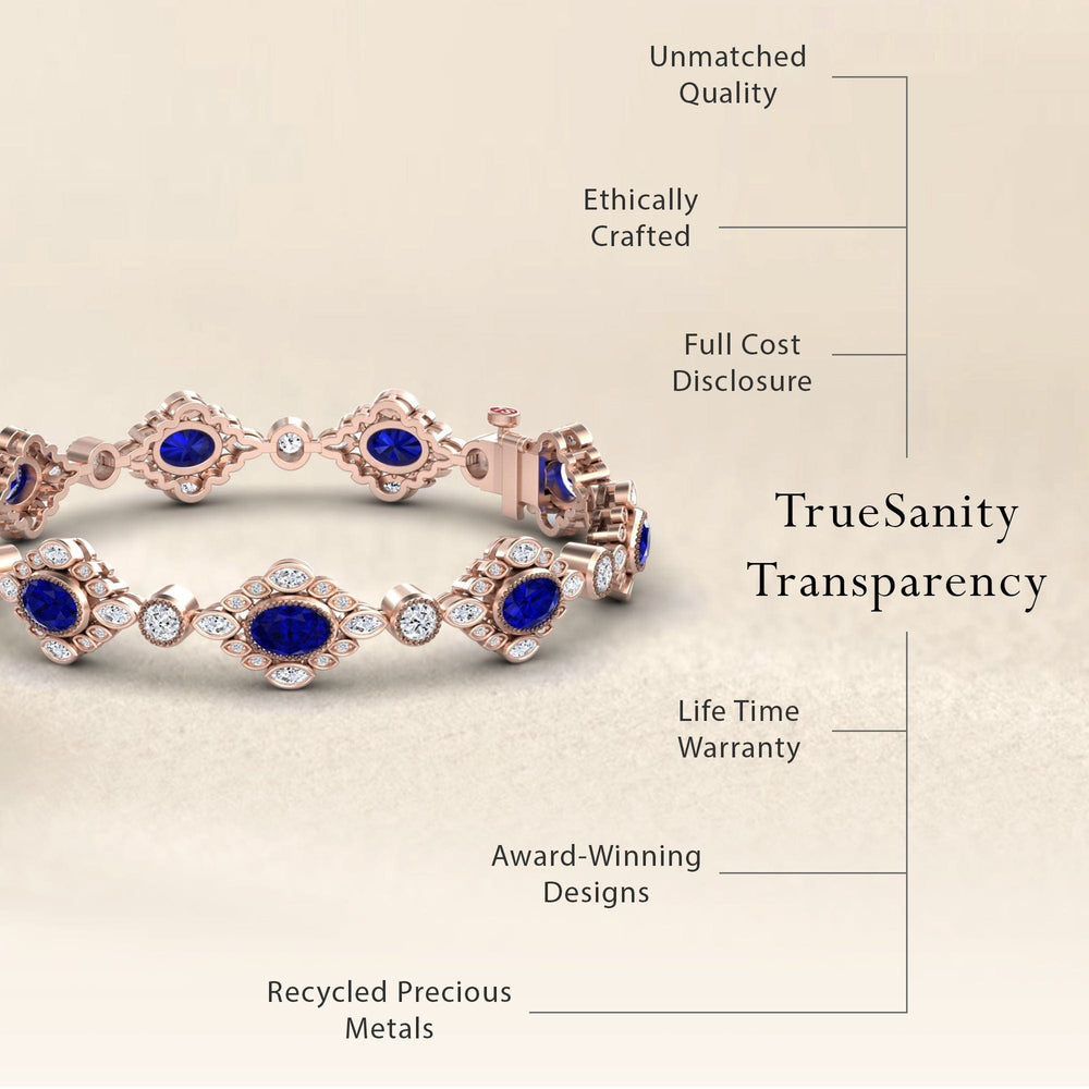 The Blue Sapphire & Diamond Vintage-Inspired Tennis Bracelet - Ariana is shown on a neutral background. Text spotlights TrueSanity Transparency: outstanding quality, ethical crafting, full cost disclosure, lifetime warranty, award-winning designs, and recycled metals.