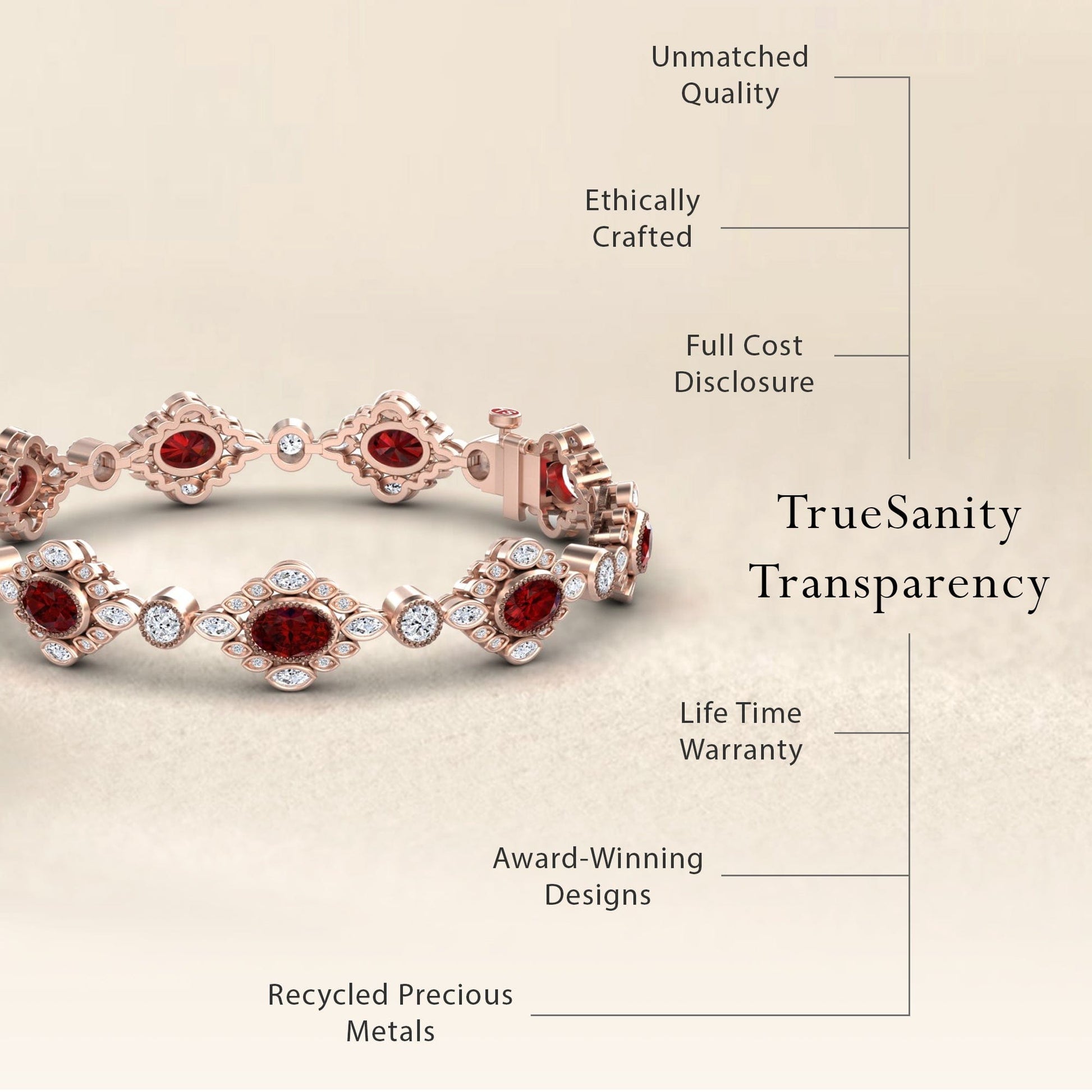 The Ruby & Diamond Vintage-Inspired Tennis Bracelet - Ariana in rose gold is shown beside text highlighting its unmatched quality, ethical craftsmanship, full cost disclosure, lifetime warranty, award-winning design, and recycled metals.