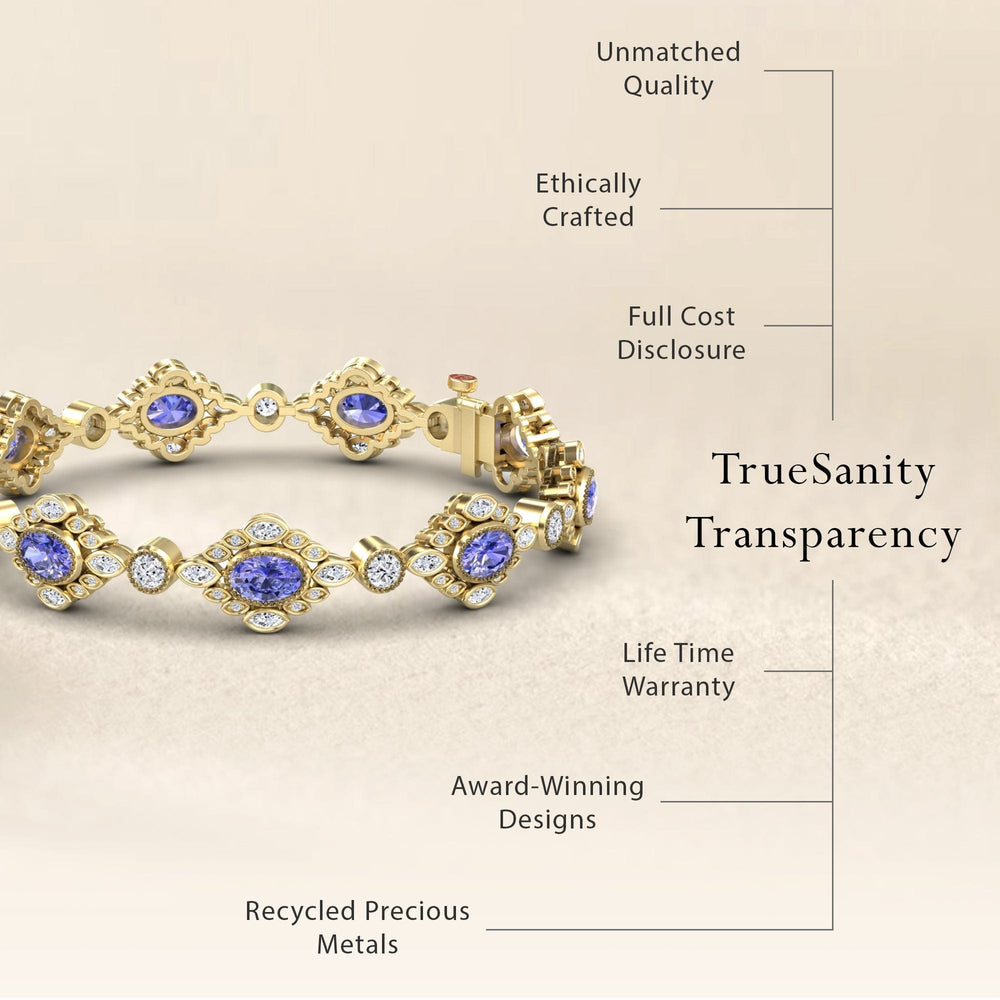 The Tanzanite & Diamond Vintage-Inspired Tennis Bracelet - Ariana is shown beside text noting unmatched quality, ethical crafting, full cost disclosure, a lifetime warranty, award-winning design, and recycled precious metals.