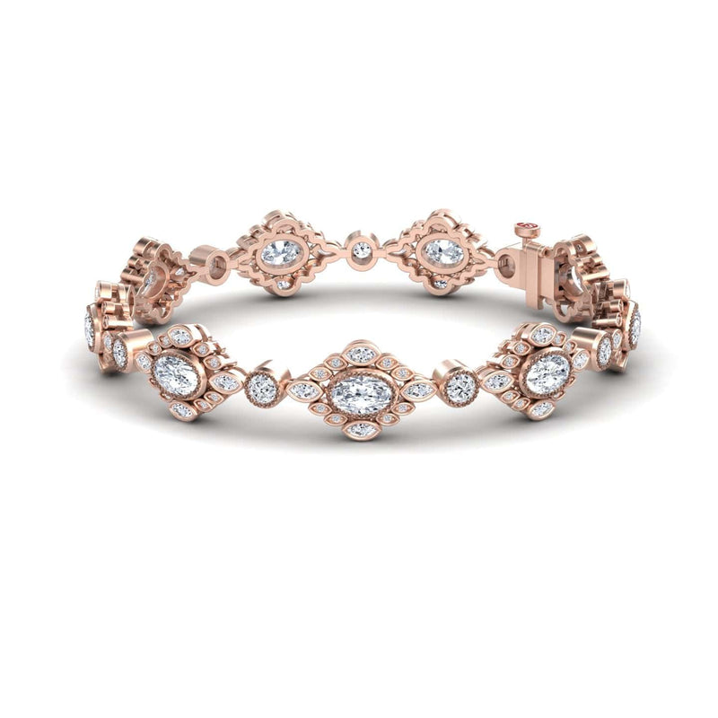The Ariana White Sapphire & Diamond Vintage-Inspired Tennis Bracelet showcases sparkling round and oval gems in ornate settings, combining rose gold with intricate patterns for a timeless, elegant look.