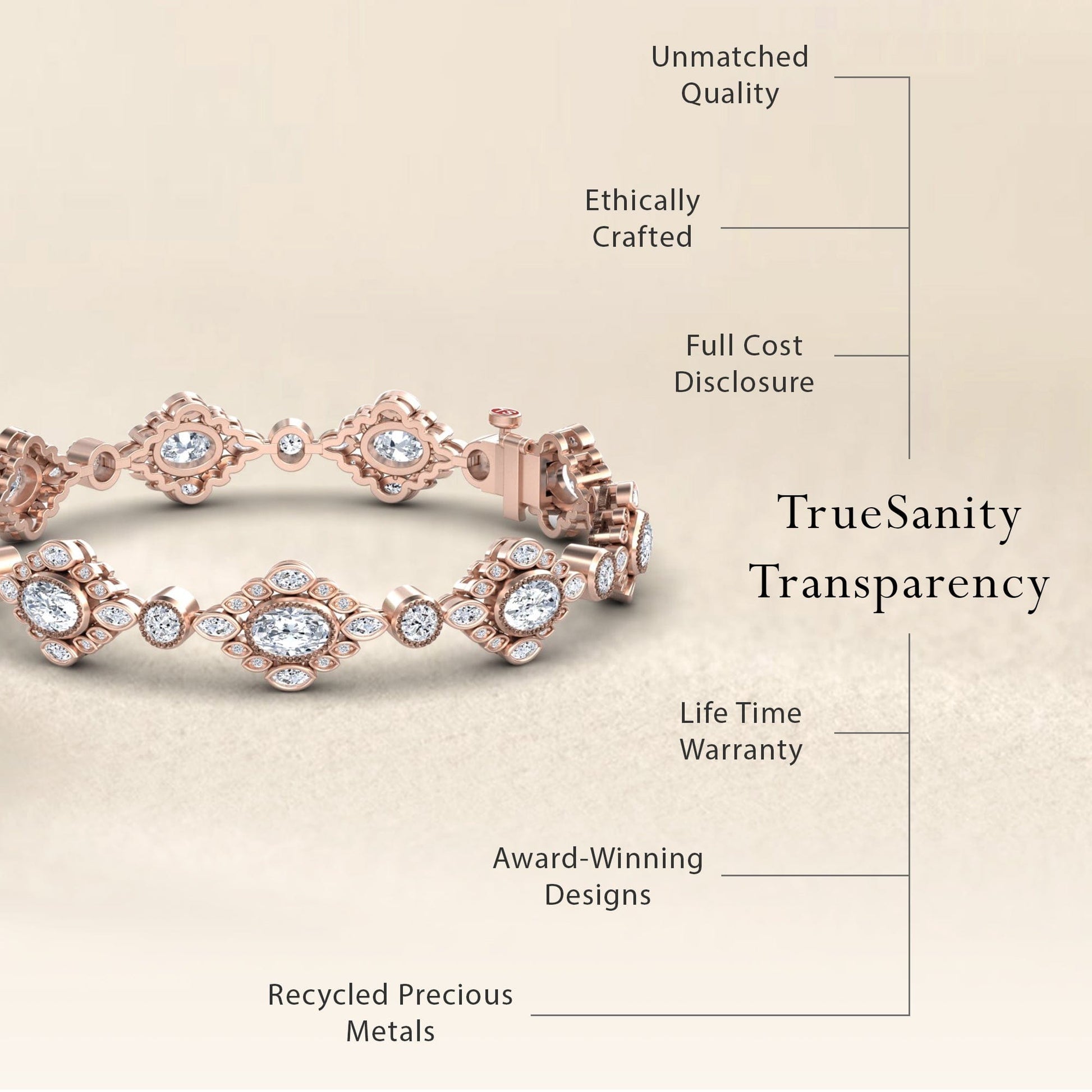 A White Sapphire & Diamond Vintage-Inspired Tennis Bracelet – Ariana is shown with text highlighting its unmatched quality, ethical craftsmanship, full cost transparency, lifetime warranty, award-winning design, and recycled precious metals.