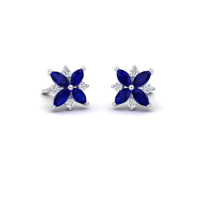 Blue Sapphire & Diamond Floral Stud Earrings