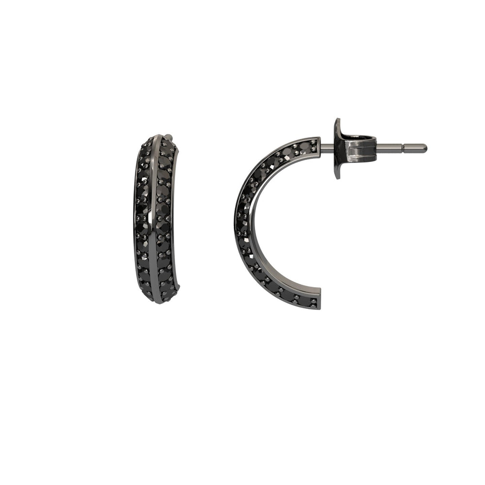 Round black diamond huggie hoop earrings in 14k blackened gold, view 2