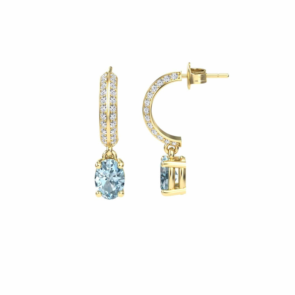 Oval aquamarine and diamond huggie drop earrings in 14k yellow gold, view 2
