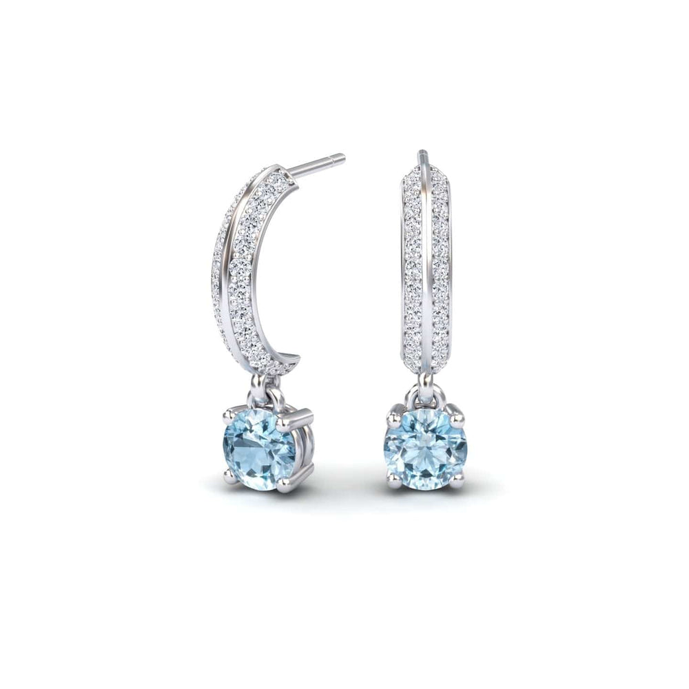 Round aquamarine and diamond pave drop hoop earrings in 14k white gold